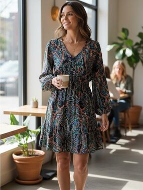 Anthropologie Maeve Paisley Boho Dress L Flowy Peasant V-Neck Long Sleeve
